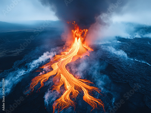 a dramatic scene of a volcanic eruption, with lava flowing into the ocean and creating a stunning aurora effect. photo