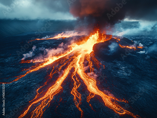 a dramatic scene of a volcanic eruption, with lava flowing into the ocean and creating a stunning aurora effect. photo