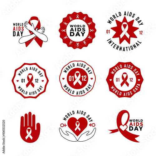Collection of Nine Distinct World AIDS Day Logos Featuring Red Ribbon Symbols, Arranged in a 3x3 Grid with Various Designs Including Hands, Hearts, and Circular Patterns Highlighting AIDS Awareness 