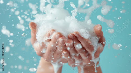 Washing hands with soap bubbles creates refreshing and clean feeling. image captures joy of cleanliness and importance of hygiene in daily life