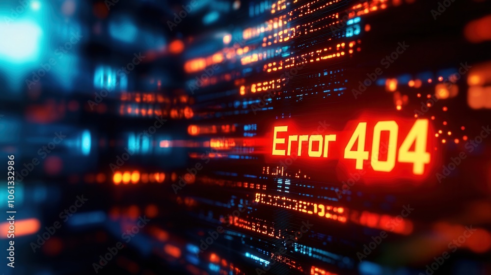 Digital display of Error 404 on a glitchy background with bright colors and data streams. Digital display of Error 404 on a glitchy background with bright colors and data streams.