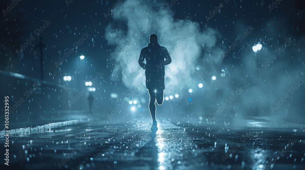 runner is captured in dramatic night scene, with visible breath in rain and mist, creating powerful and intense atmosphere runner is captured in dramatic night scene, with visible breath in rain and mist, creating powerful and intense atmosphere