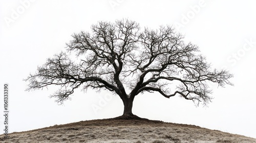 A solitary, leafless tree stands on a hill against a minimalistic white background.