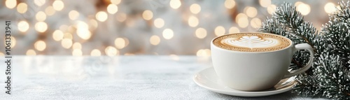 Cappuccino with holidaythemed latte art, cozy winter background, 3D illustration