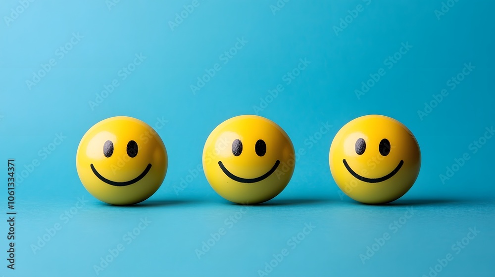 Three cheerful yellow smiley balls on a bright blue background. Three cheerful yellow smiley balls on a bright blue background.