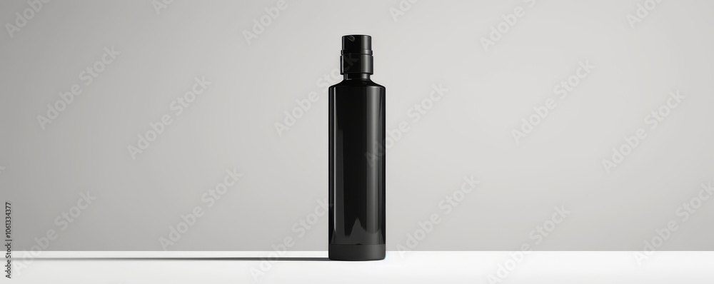 Fototapeta premium Sleek black sunscreen bottle on minimalist background, perfect for modern skincare. This stylish design enhances any beauty routine