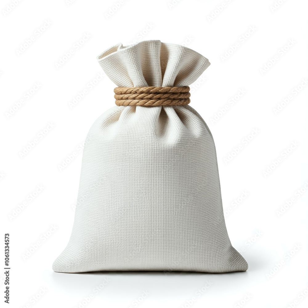Mockup pouch, A closed white canvas sack tied with a brown rope, isolated on a white background. Mockup pouch, A closed white canvas sack tied with a brown rope, isolated on a white background.