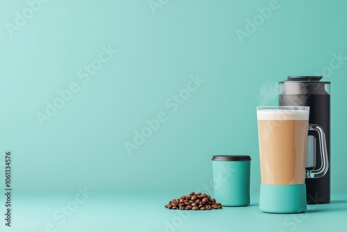 Cappuccinomaking process, milk frother and coffee beans, 3D illustration