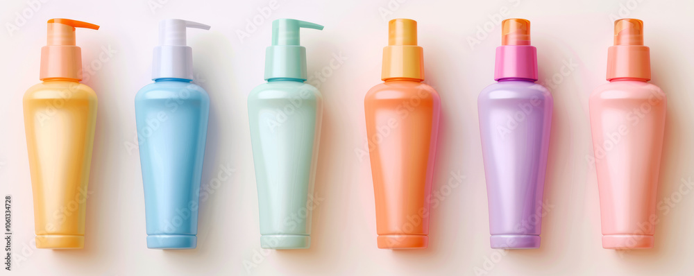 Pastel colored bottles of sunscreen arranged in row, showcasing soft and elegant designs. Perfect for summer skincare routines Pastel colored bottles of sunscreen arranged in row, showcasing soft and elegant designs. Perfect for summer skincare routines