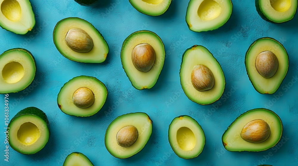 Fresh green avocados halved and arranged on a bright blue background. Fresh green avocados halved and arranged on a bright blue background.