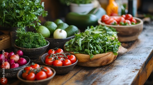 Fresh vegetables and herbs arranged beautifully on a wooden table in natural lighting.