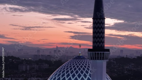 malaysian mosque Masjid Sultan Salahuddin Abdul Aziz Shah during beautiful sunrise aerial shot