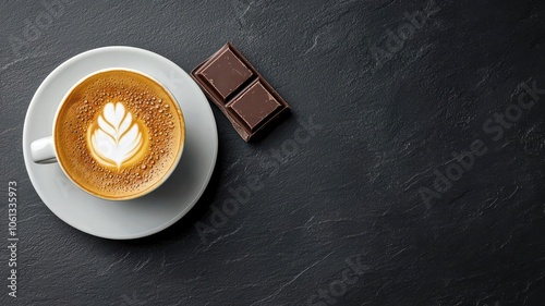 Visualization of a cappuccino served with a small piece of dark chocolate on the side, Cappuccino and chocolate pairing, Delicious and indulgent photo