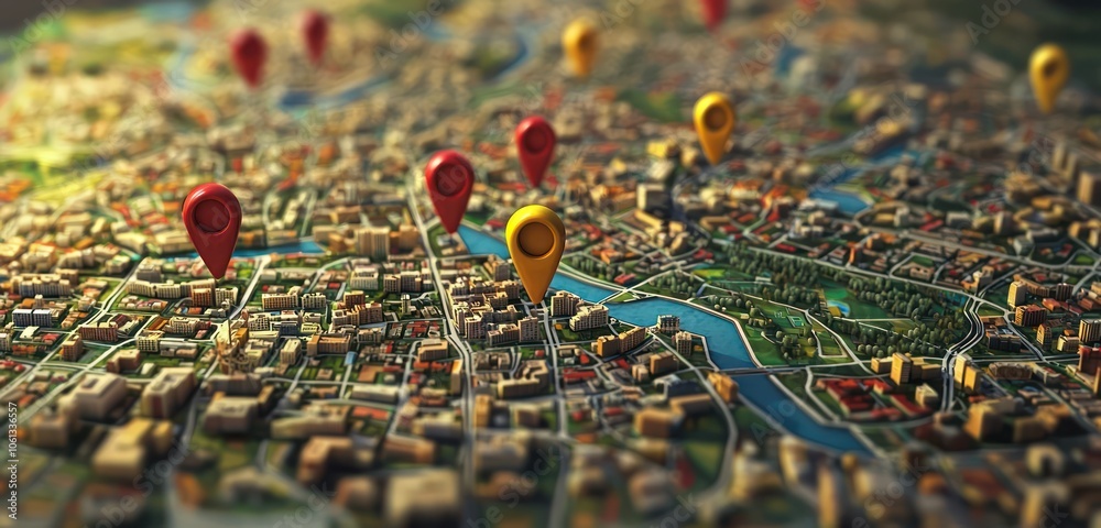 Artistic 3D depiction of a map icon, showcasing pins for marked spots. Artistic 3D depiction of a map icon, showcasing pins for marked spots.