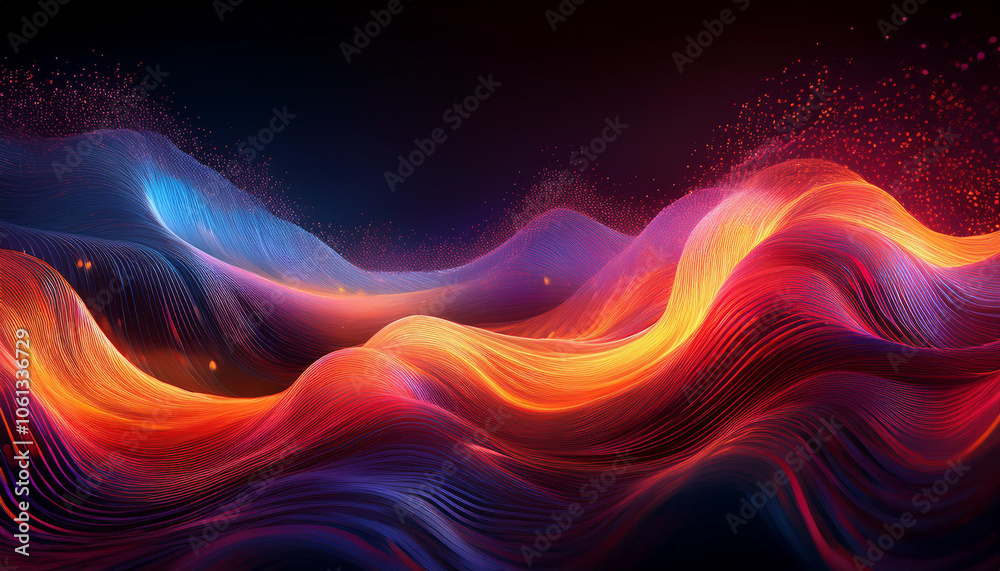 A stunning abstract depiction of fiery waves blending red, orange, and blue tones, evoking the energy of a sunset over a surreal, dynamic landscape A stunning abstract depiction of fiery waves blending red, orange, and blue tones, evoking the energy of a sunset over a surreal, dynamic landscape