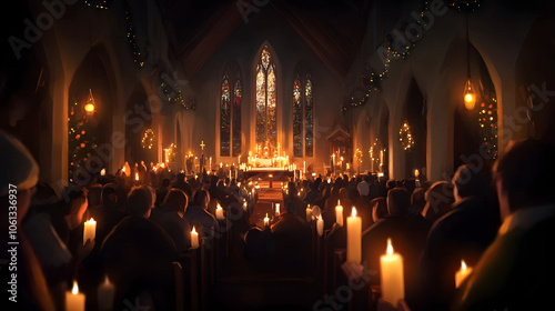A Christmas Eve midnight mass with parishioners holding candles and singing softly in a peaceful church.