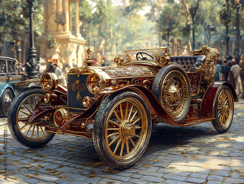 an antique Roma car. The car is painted in a vibrant shade of gold and has a floral design on the side. The car is parked in front of a building with a stone archway.