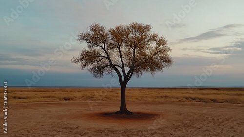 A single tree in an open field: Represents solitude or peace within nature. photo