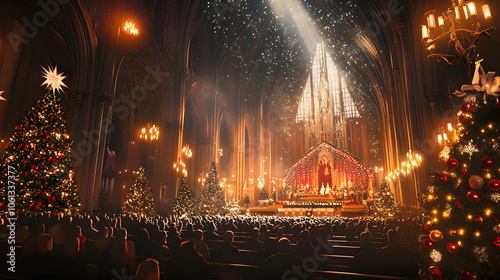 A Christmas mass taking place in a grand cathedral, filled with worshippers and bright Christmas lights. photo