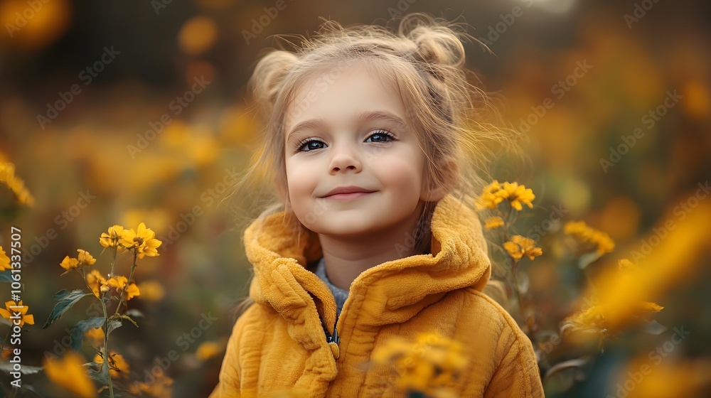 Smiling young girl in a cozy yellow jacket amidst vibrant yellow flowers.