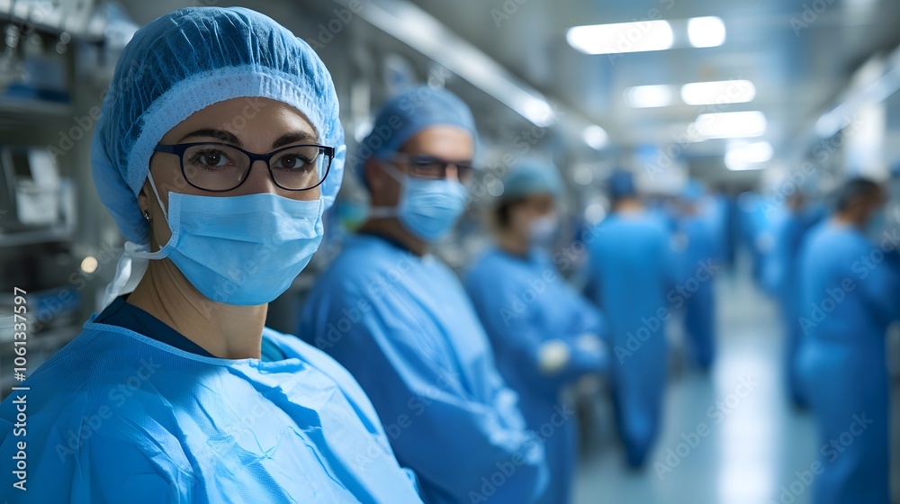 Female doctor in blue scrubs and mask, with healthcare team in the background. Female doctor in blue scrubs and mask, with healthcare team in the background.