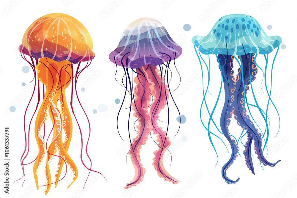 Cartoon flat jellyfish decoration set: hand-drawn marine characters Cartoon flat jellyfish decoration set: hand-drawn marine characters