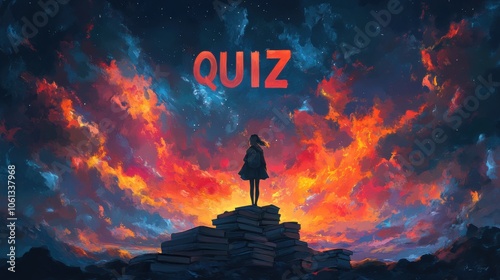 Anime illustration of a woman standing on a pile of books with the word quiz