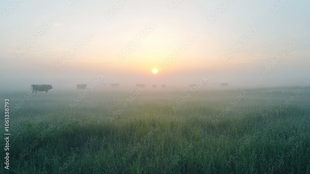 Sunrise Over Foggy Meadow With Cattle Sunrise Over Foggy Meadow With Cattle