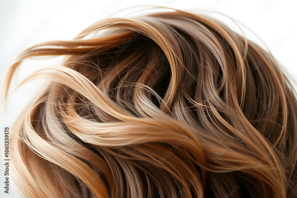 Close-up of wavy, highlighted hair with shades of blonde and brown.
