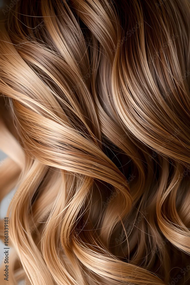 Close-up of wavy, highlighted hair with shades of blonde and brown. Close-up of wavy, highlighted hair with shades of blonde and brown.