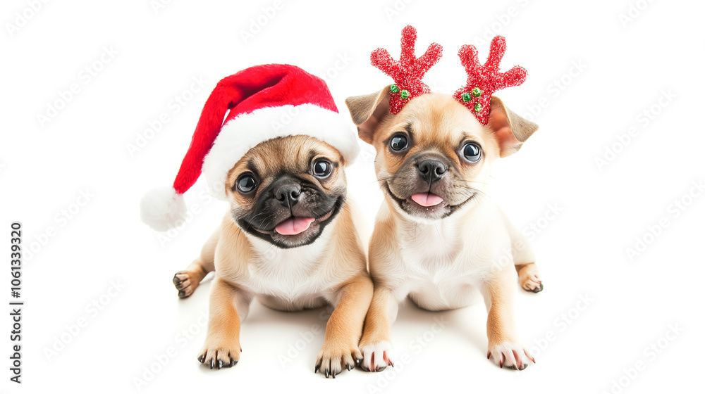 Obraz premium two cute pugs puppies dressed as reindeer with antlers and Santa's hat. Christmas festive dogs isolated on white background