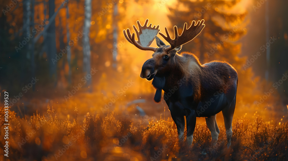 Moose in Golden Forest Sunlight - Realistic Wildlife Photograph Moose in Golden Forest Sunlight - Realistic Wildlife Photograph
