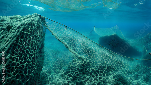 A net is floating in the water, and the water is blue