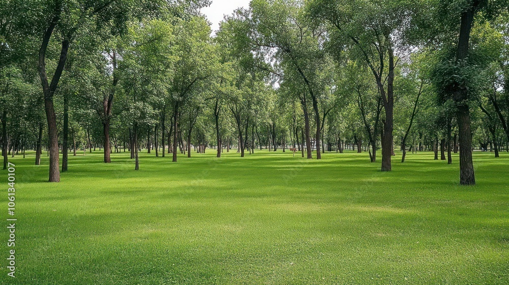 Fototapeta premium A serene landscape featuring lush green grass and tall trees in a peaceful park setting.