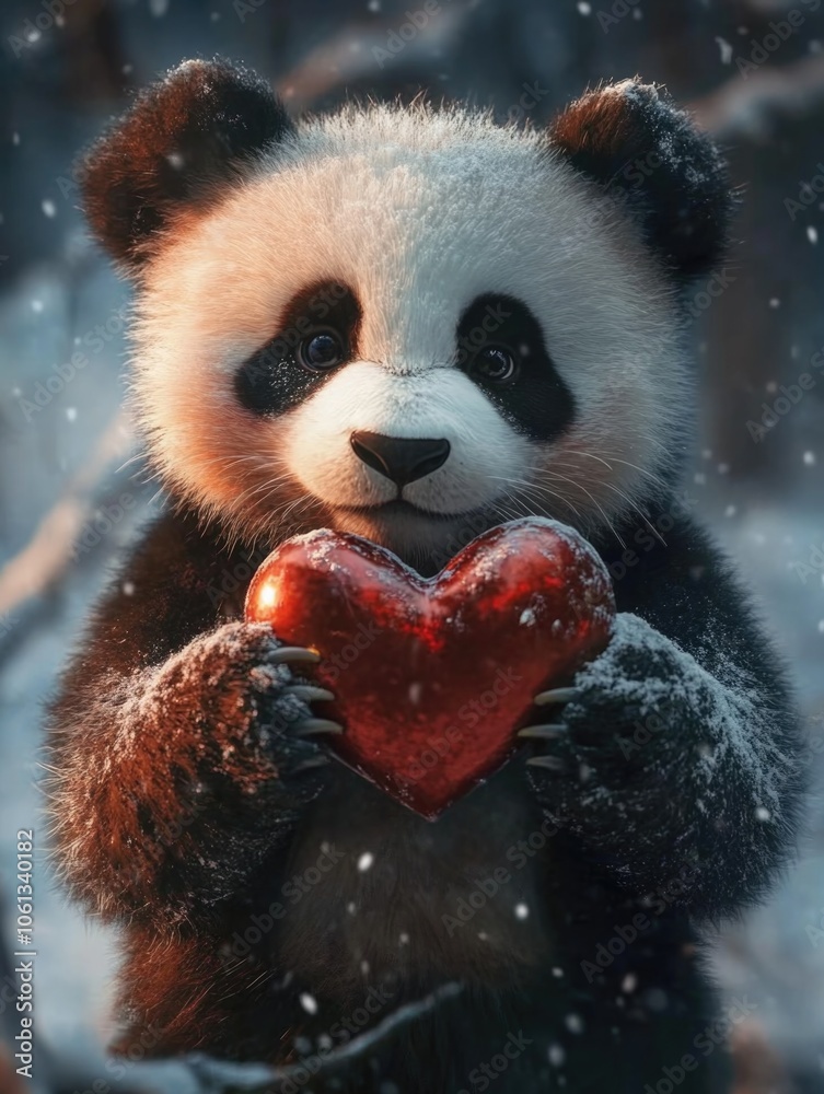 Panda Bear Holding Heart in Snow Panda Bear Holding Heart in Snow