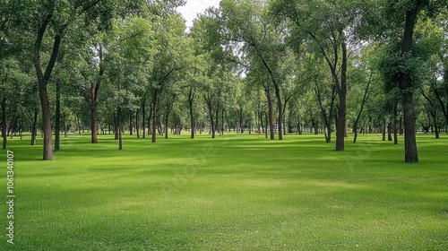 A serene landscape featuring lush green grass and tall trees in a peaceful park setting.