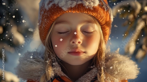 Little girl with closed eyes in winter forest, snow falling around her.