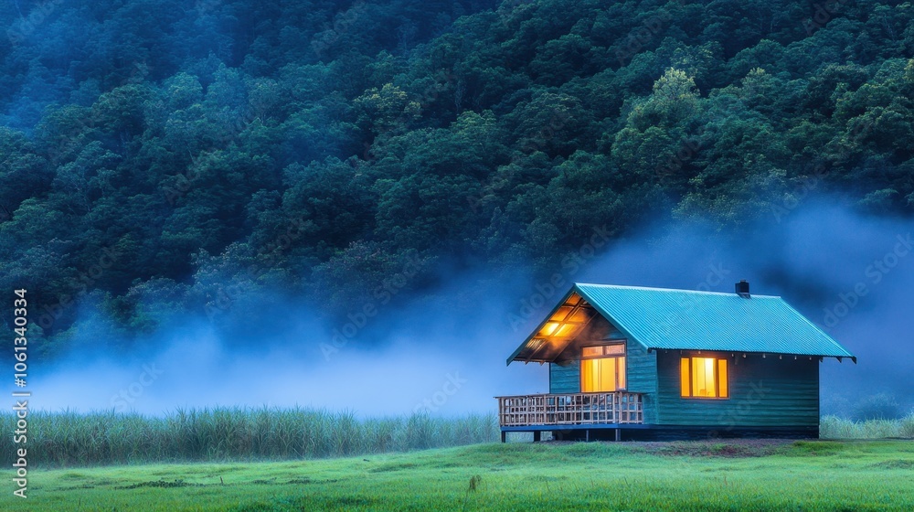 Tranquil Mountain Cabin at Dusk with Misty Atmosphere Tranquil Mountain Cabin at Dusk with Misty Atmosphere