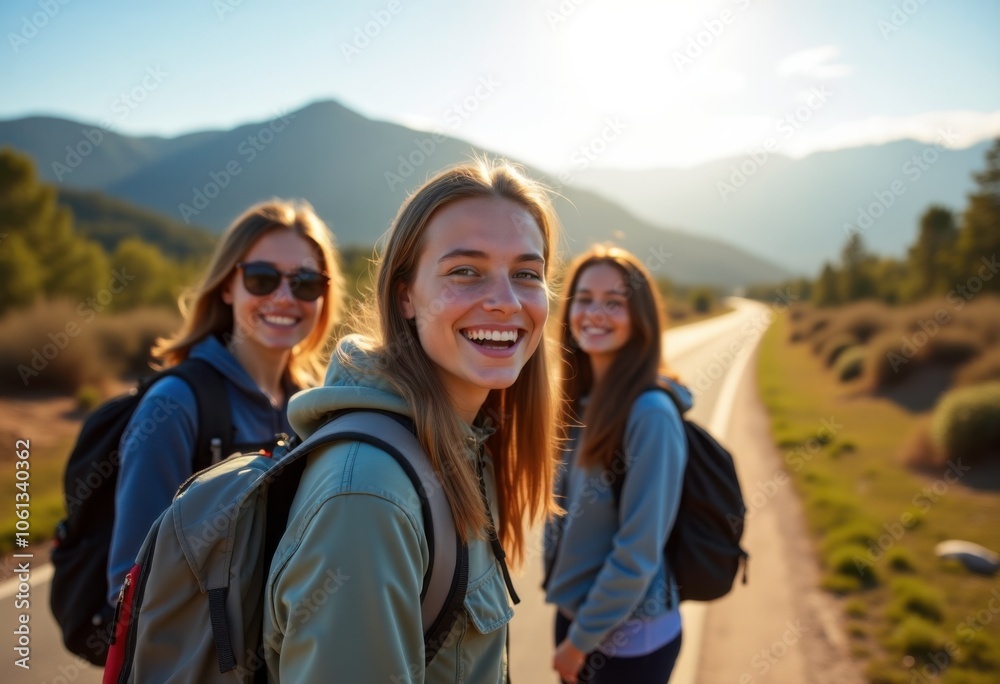 Smiling Friends on Hiking Adventure in Nature Smiling Friends on Hiking Adventure in Nature
