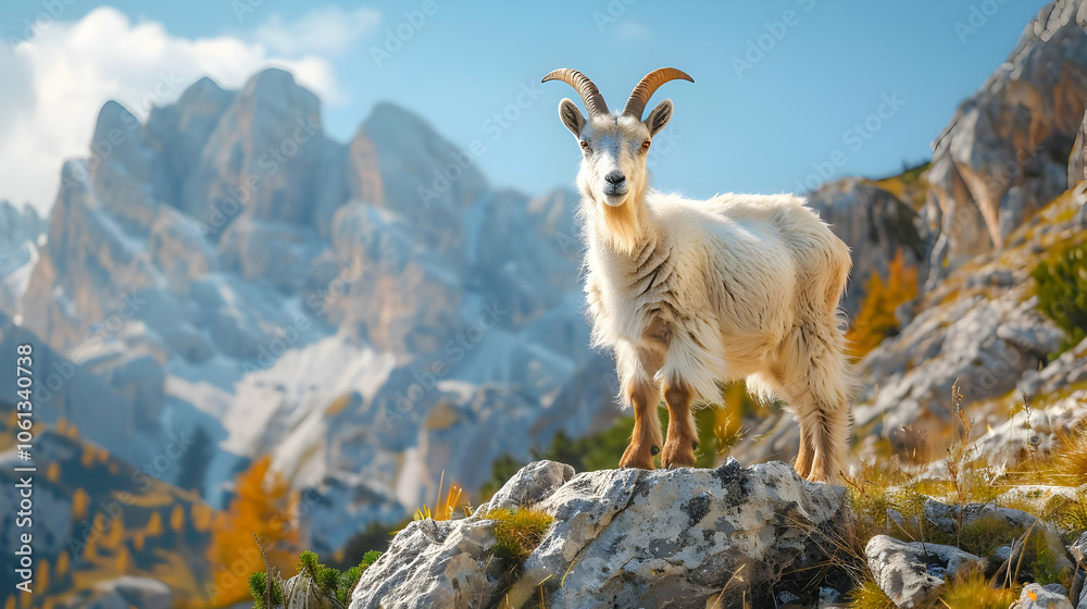 Obraz premium White Mountain Goat Standing on a Rocky Peak Realistic Photo