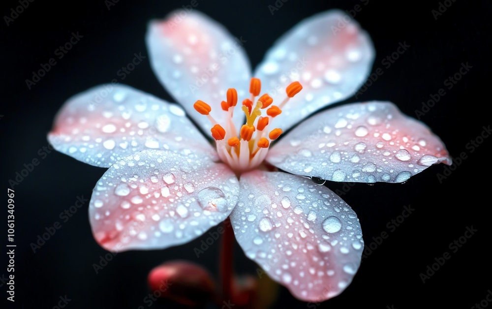 Close-up of a delicate flower adorned with dew drops, showcasing vibrant colors and intricate details on a dark background. Close-up of a delicate flower adorned with dew drops, showcasing vibrant colors and intricate details on a dark background.