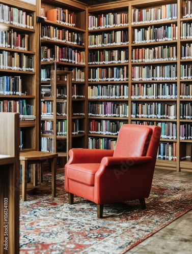 A cozy red armchair in a library surrounded by shelves of colorful books.