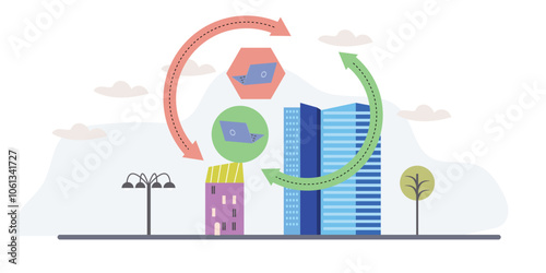Hybrid work with flexible working from office and home tiny person concept vector illustration design background