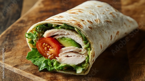 A delicious wrap filled with fresh lettuce, tomato, avocado, and succulent chicken, perfect for a healthy meal.