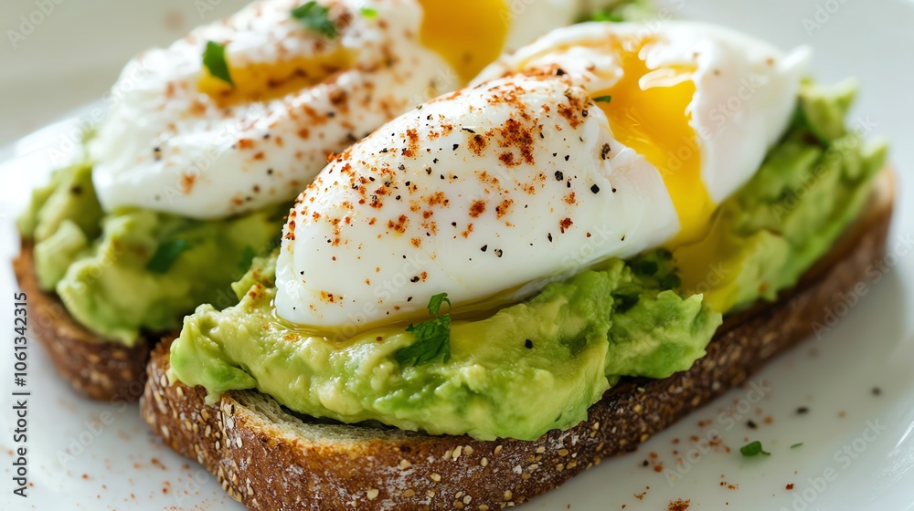 Delicious avocado toast topped with poached eggs and spices, perfect for a healthy breakfast or brunch option. Delicious avocado toast topped with poached eggs and spices, perfect for a healthy breakfast or brunch option.