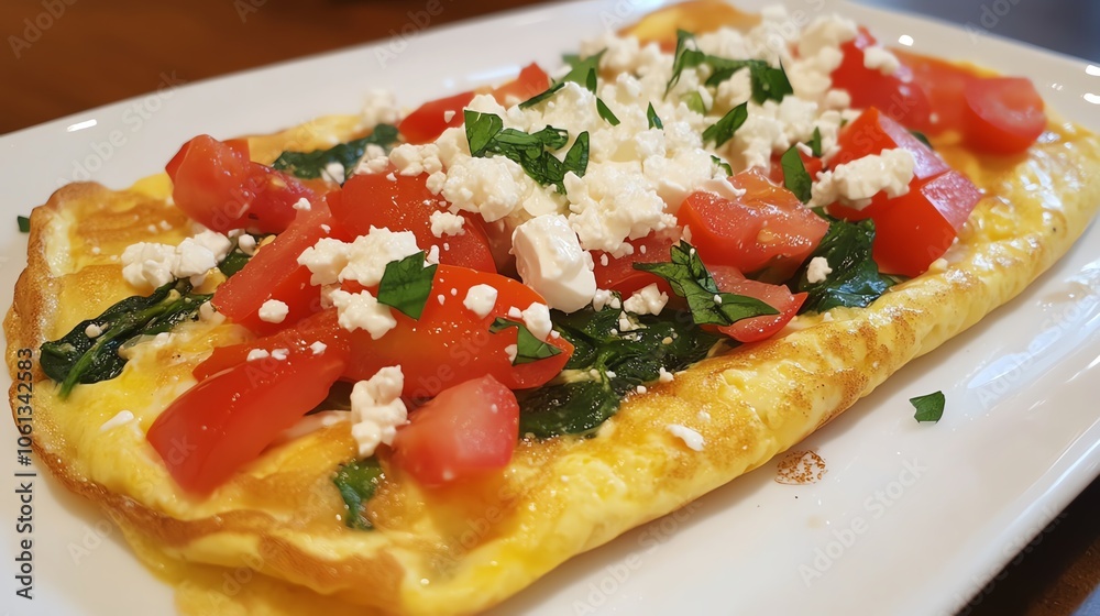 Delicious omelet topped with fresh tomatoes, spinach, and feta cheese, perfect for a hearty breakfast or brunch. Delicious omelet topped with fresh tomatoes, spinach, and feta cheese, perfect for a hearty breakfast or brunch.