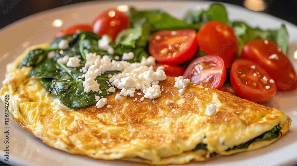 Delicious spinach omelette served with fresh cherry tomatoes and salad, perfect for a healthy breakfast or brunch. Delicious spinach omelette served with fresh cherry tomatoes and salad, perfect for a healthy breakfast or brunch.