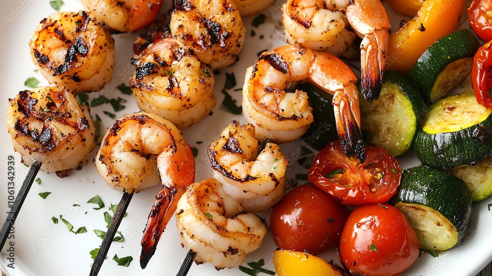 Grilled shrimp skewers served with colorful vegetables offer a delicious and healthy meal option perfect for summer barbecues. Grilled shrimp skewers served with colorful vegetables offer a delicious and healthy meal option perfect for summer barbecues.