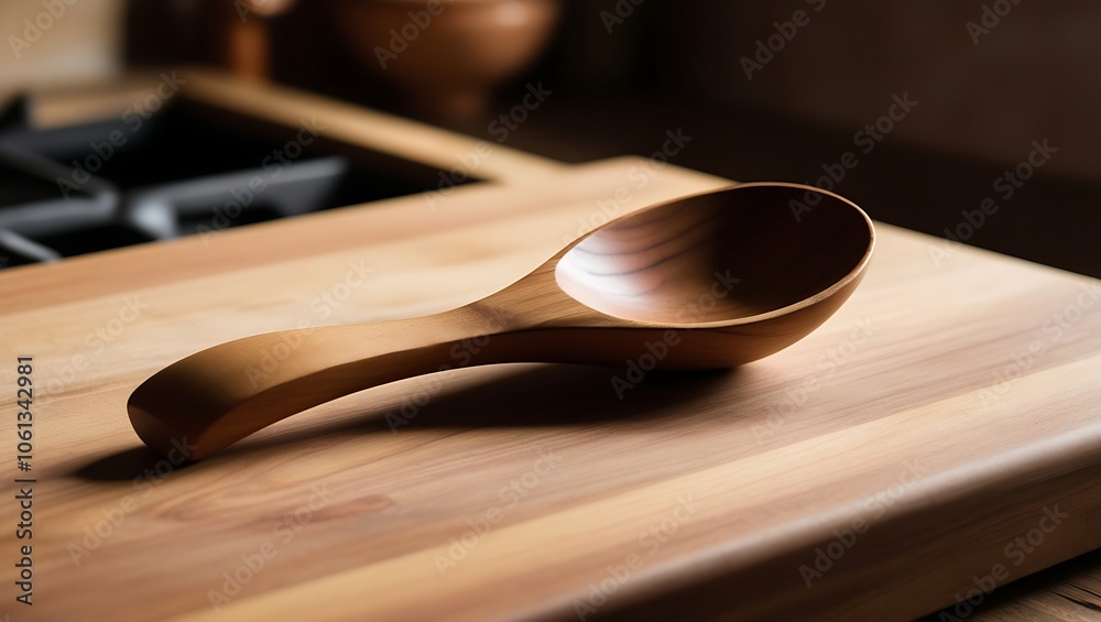 Wooden spoon on a wood cutting board, close-up. Wooden spoon on a wood cutting board, close-up.