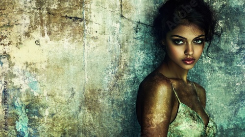 A portrait of a woman with striking features against a textured backdrop.